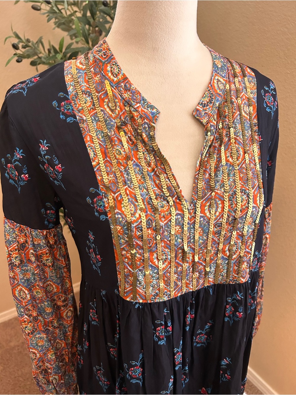 Soft Surroundings Navy Boho Patchwork Long-Sleeve Dress - Picture 3 of 10